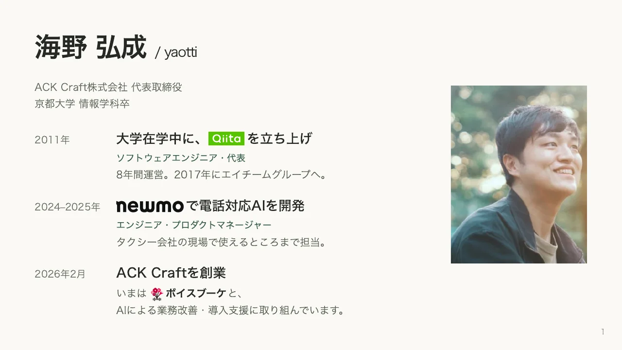 海野弘成の自己紹介。ACK Craft代表、Qiita創業、newmoで電話対応AIを開発。